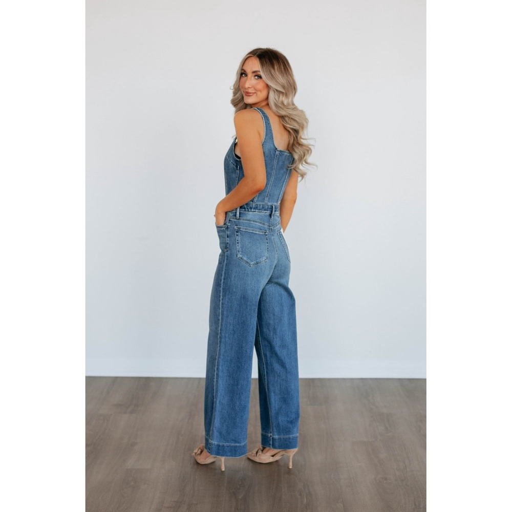 High-Rise Wide Leg Denim Jumpsuit - Blue - Picture 5 of 6
